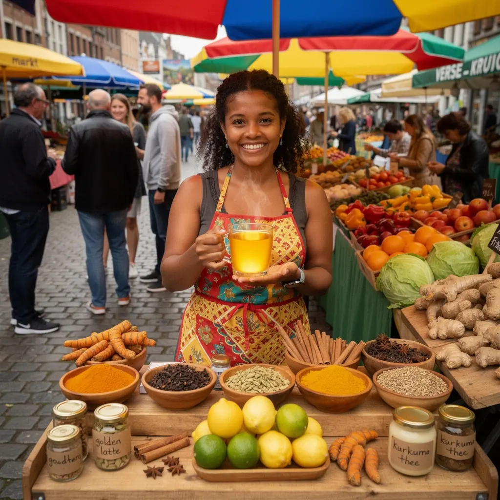 Un paysage belge en arrière-plan, représentant une scène paisible avec des champs dorés au coucher du soleil.