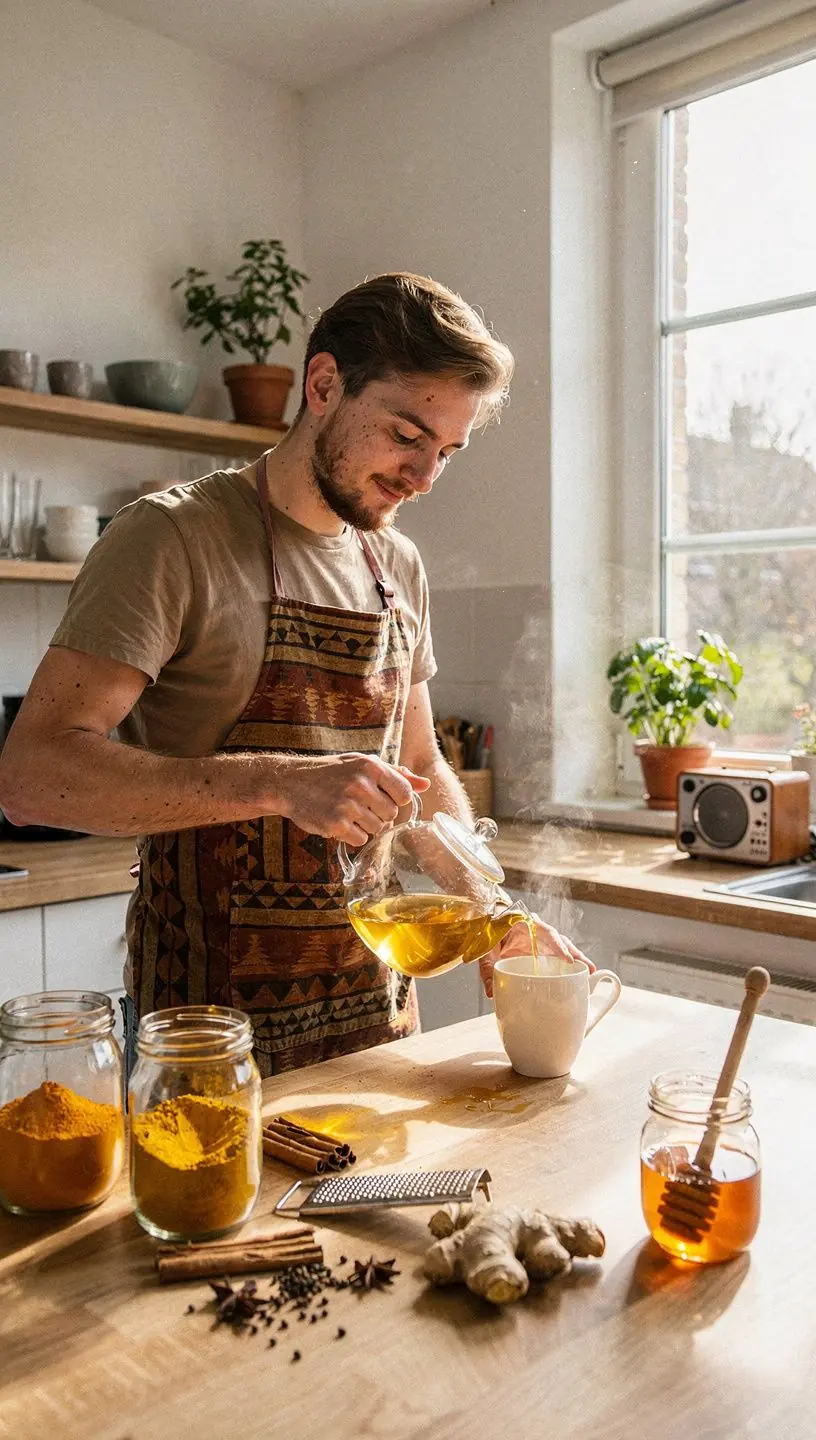 Un assortiment de tasses de thé doré disposées sur une nappe colorée, évoquant une ambiance conviviale.