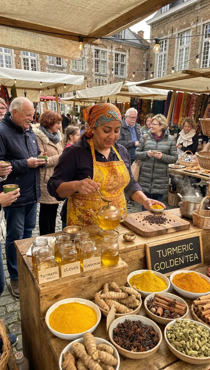 Tasse de thé doré au curcuma, fumante, sur une table en bois rustique.